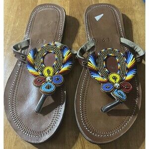 African Maasai Leather Beaded Tribal Sandal 10.5 Boho Handmade Slip On Shoe EU42